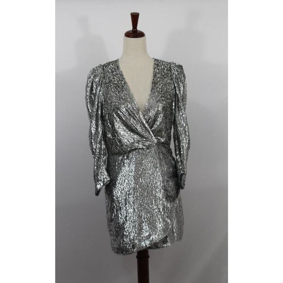 BA & SH Sz 2 M 6 Divina Robe Mini Dress Faux Wrap Silver NWT Silk Blend - Picture 7 of 10